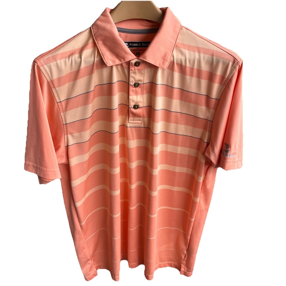 Pebble Beach Performance Golf Polo Shirt Men's M Striped Logo Buttons Activewear